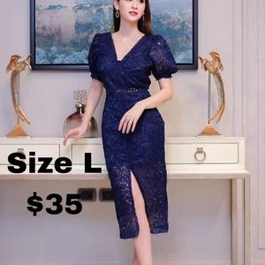 Navy Blue Dress with Lace Detail